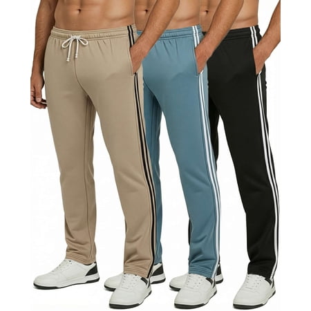 Real Essentials 3 Pack: Men's Tech Fleece Athletic Casual Open Bottom Sweatpants with Pockets (Available In Big & Tall)