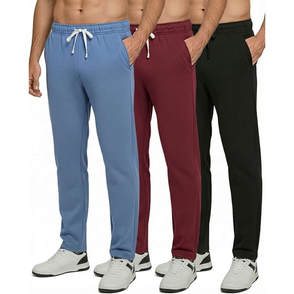 Real Essentials 3 Pack: Men's Tech Fleece Athletic Casual Open Bottom Sweatpants with Pockets (Available In Big & Tall)