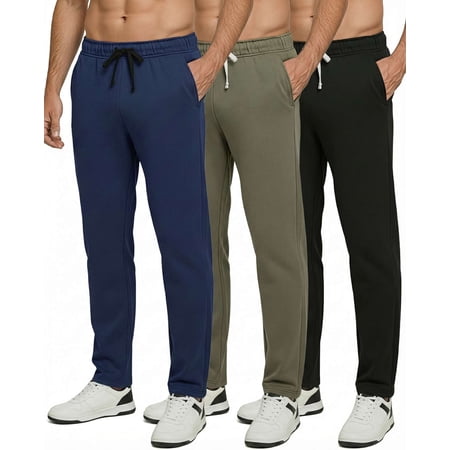 Real Essentials 3 Pack: Men's Tech Fleece Athletic Casual Open Bottom Sweatpants with Pockets (Available In Big & Tall)