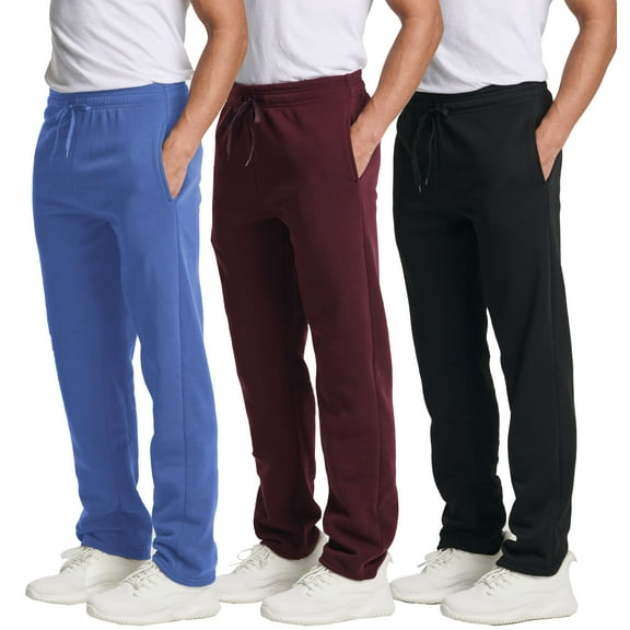 Real Essentials 3 Pack: Men's Tech Fleece Athletic Casual Open Bottom Sweatpants with Pockets (Available In Big & Tall)
