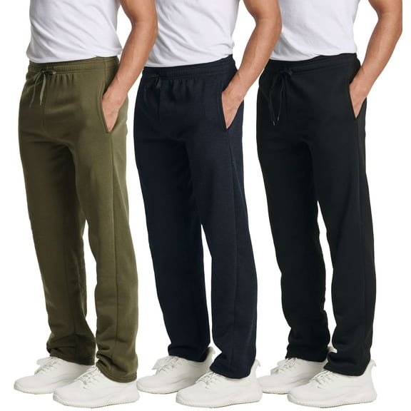 Real Essentials 3 Pack: Men's Tech Fleece Athletic Casual Open Bottom Sweatpants with Pockets (Available In Big & Tall)