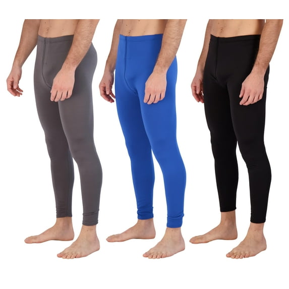 Real Essentials 3 Pack: Men's Thermal Underwear Base Layer Fleece Lined Pants with Fly - Long John Bottom(Big & Tall)