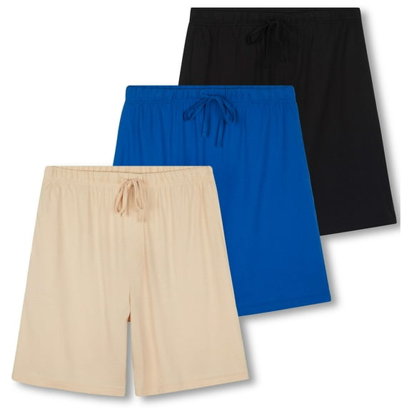 Real Essentials 3 Pack:Mens Cotton Ultra-Soft Knit Sleep Pajama Shorts & Lounge Wear (Available In Big & Tall)