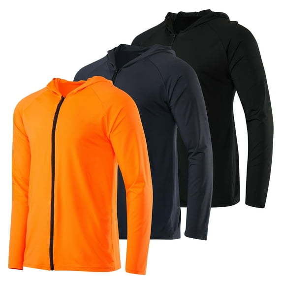 Real Essentials 3 Pack: Mens Dry-Fit Long Sleeve Full Zip Hoodie & Jacket- Athletic Running Jacket (Available in Big & Tall)