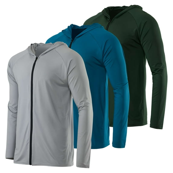 Real Essentials 3 Pack: Mens Dry-Fit Long Sleeve Full Zip Hoodie & Jacket- Athletic Running Jacket (Available in Big & Tall)