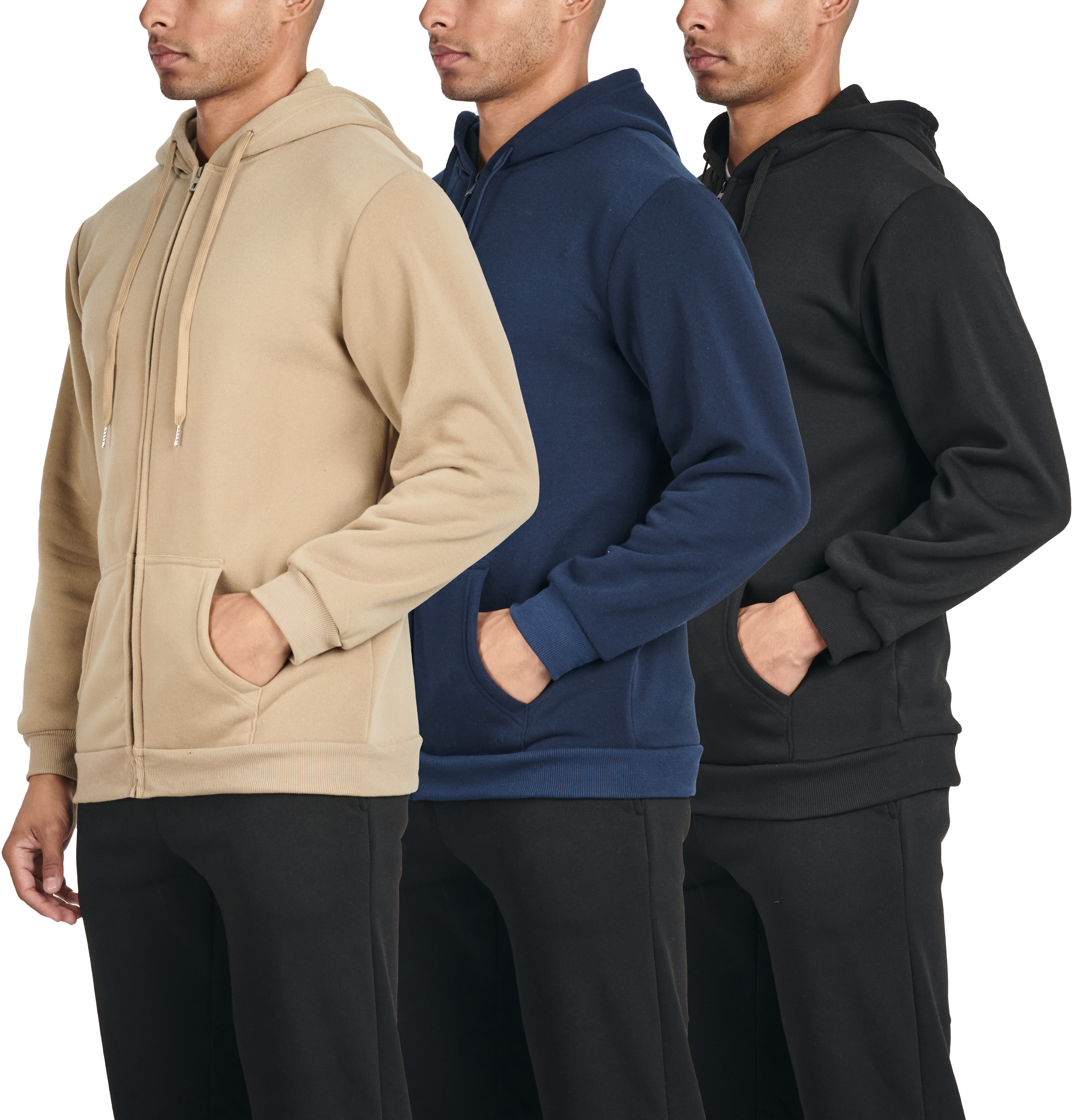 Real Essentials 3 Pack: Mens Fleece Long Sleeve Full Zip Hoodie
