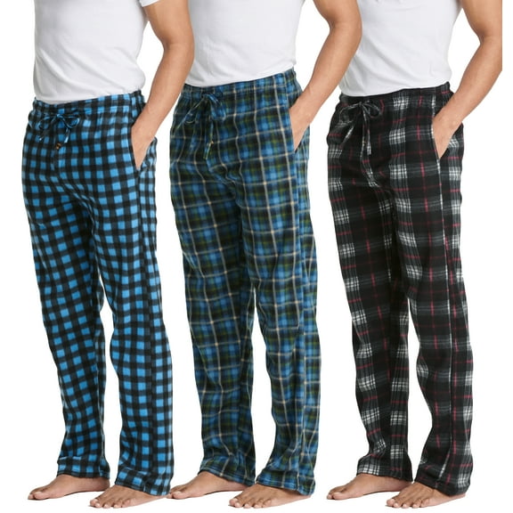 Real Essentials 3 Pack: Mens Fleece Plaid Pajama Pants - Lounge Pajama Bottoms(Available in Big & Tall)