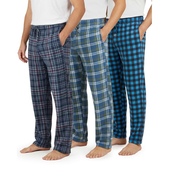 Real Essentials 3 Pack: Men's Fleece Pajama Pants Loungewear Soft Pj Bottoms Sleepwear Pockets (Big & Tall Available)
