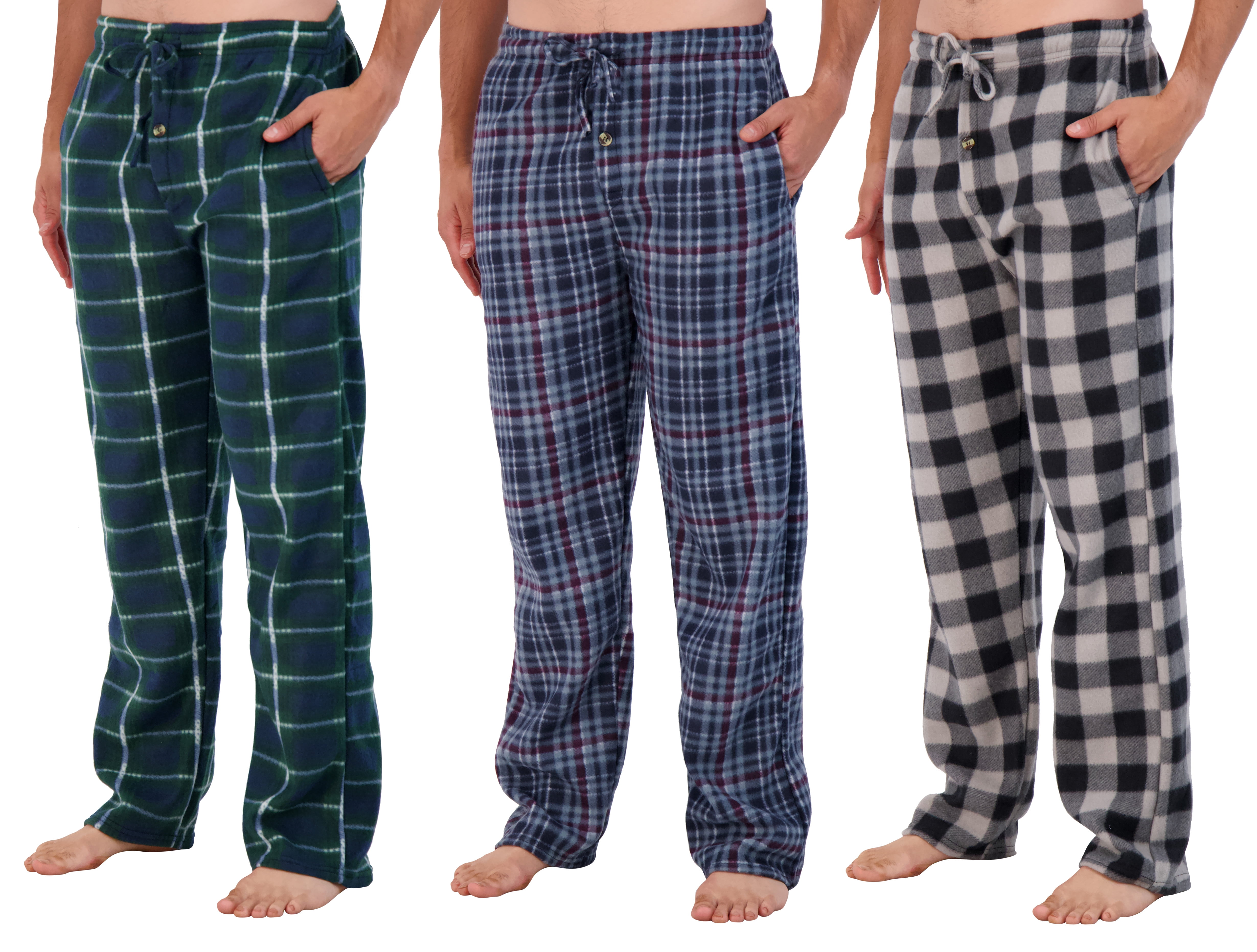 Real Essentials 3 Pack Mens Fleece Plaid Pajama Pants Lounge Pajama