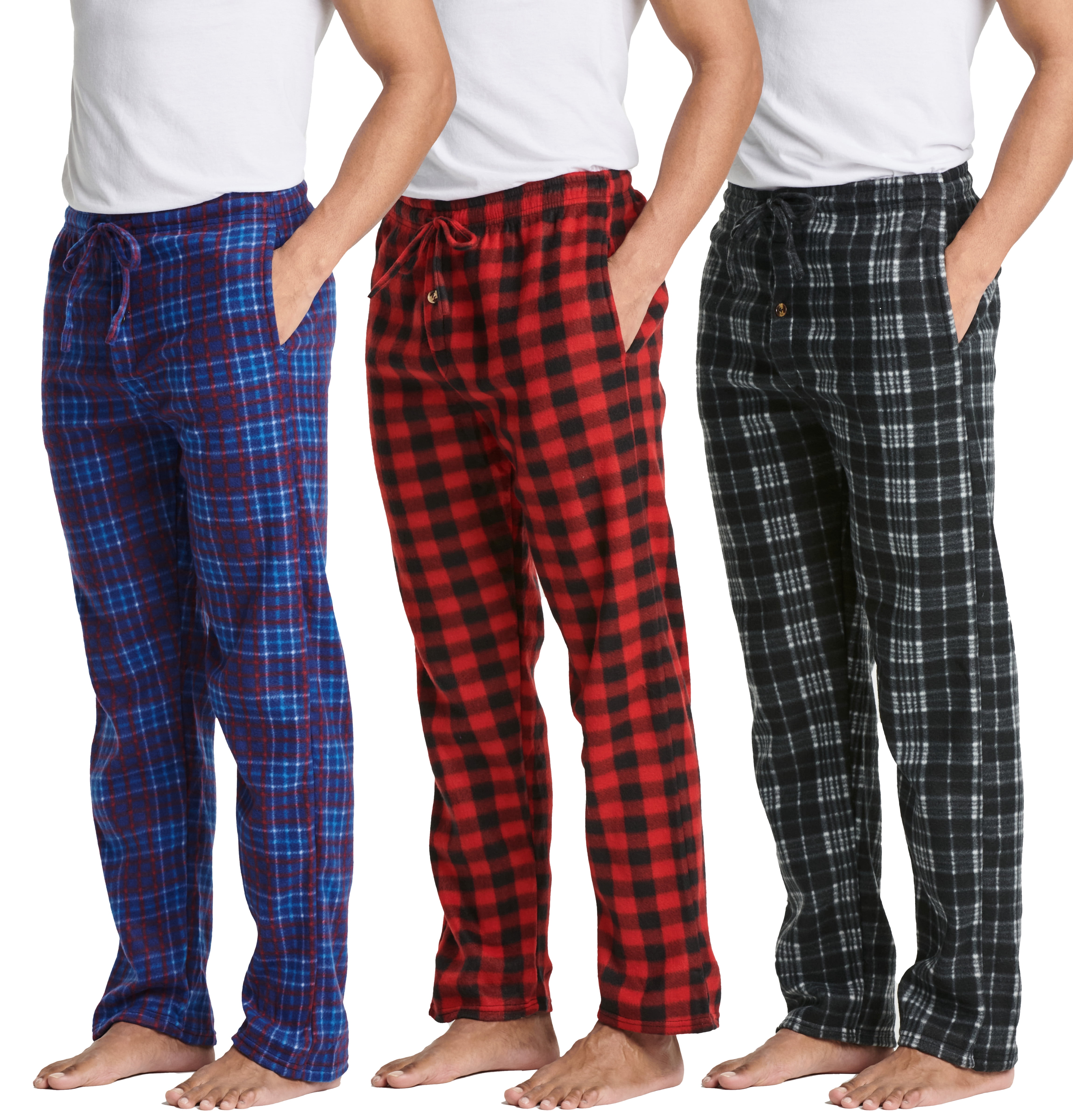 Real Essentials 3 Pack Mens Fleece Plaid Pajama Pants Lounge Pajama