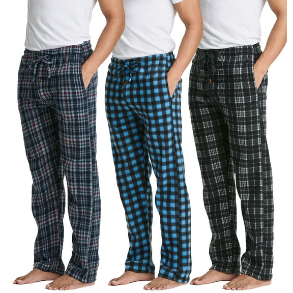 Real Essentials 3 Pack: Mens Fleece Plaid Pajama Pants - Lounge Pajama Bottoms(Available in Big & Tall)