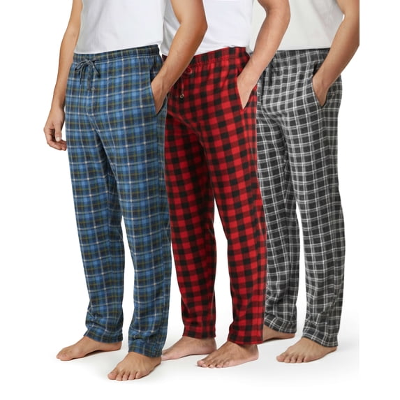 Real Essentials 3 Pack: Men's Fleece Pajama Pants Loungewear Soft Pj Bottoms Sleepwear Pockets (Big & Tall Available)