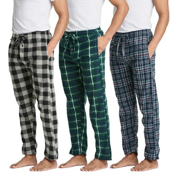 Real Essentials 3 Pack: Mens Fleece Plaid Pajama Pants - Lounge Pajama Bottoms(Available in Big & Tall)