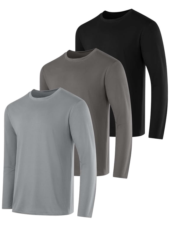 Men's Dry Fit Long Sleeve Crew Neck Athletic Shirt, 3 Pack