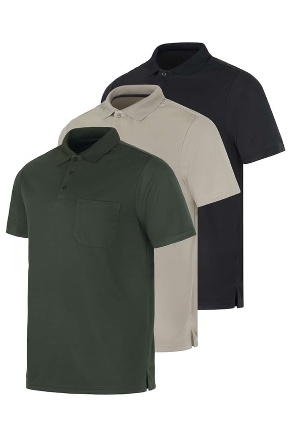 3 Pack: Mens Short Sleeve Dry-Fit Collared Polo Shirt With Pocket - Active Casual (Available Big & Tall)