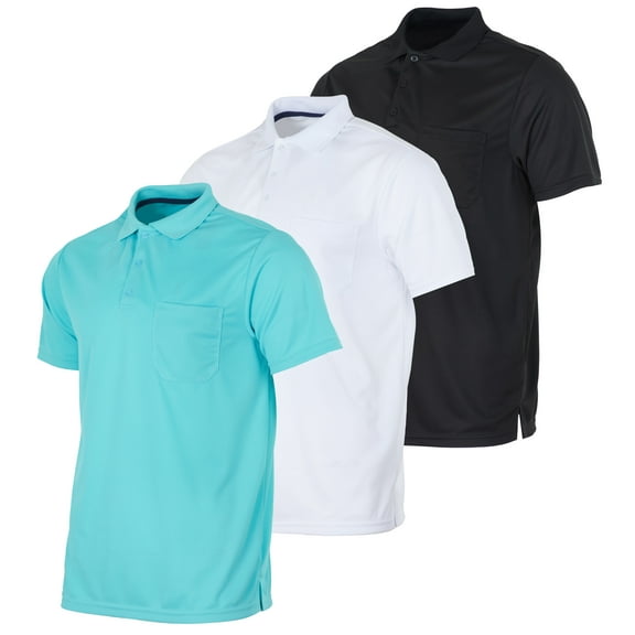 Real Essentials 3 Pack: Mens Short Sleeve Dry-Fit Collared Polo Shirt With Pocket - Active Casual (Available Big & Tall)