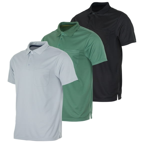 Real Essentials 3 Pack: Mens Short Sleeve Dry-Fit Collared Polo Shirt With Pocket - Active Casual (Available Big & Tall)
