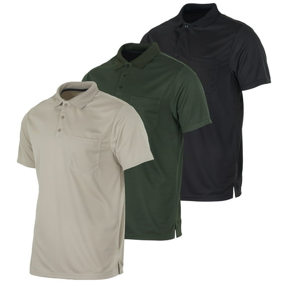 Real Essentials 3 Pack: Mens Short Sleeve Dry-Fit Collared Polo Shirt With Pocket - Active Casual (Available Big & Tall)