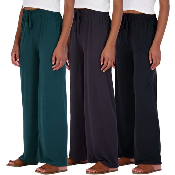 Real Essentials 3 Pack Soft Palazzo Pajama Pants for Women, Wide Leg Comfortable Casual Lounge Yoga Bottoms (Plus Size)