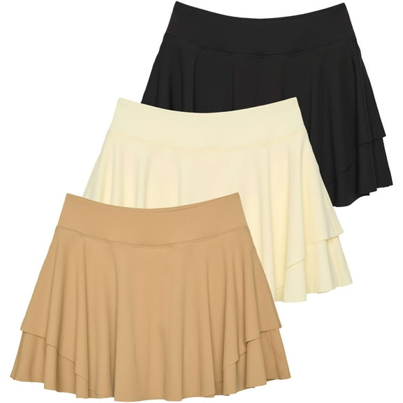 Real Essentials 3 Pack: Women's 14" Layered Ruffle Flowy Tennis Golf Skorts Pockets Pleated Mini Skirt Athletic Liner Shorts