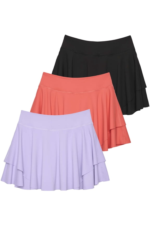 3 Pack: Women's 14" Layered Ruffle Flowy Tennis Golf Skorts Pockets Pleated Mini Skirt Athletic Liner Shorts
