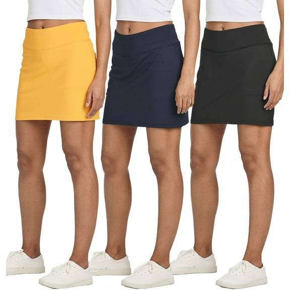 Real Essentials 3 Pack: Women's 16" Active High Waisted Skort Skirt Pockets - Running Tennis Golf Gym (Available In Plus)