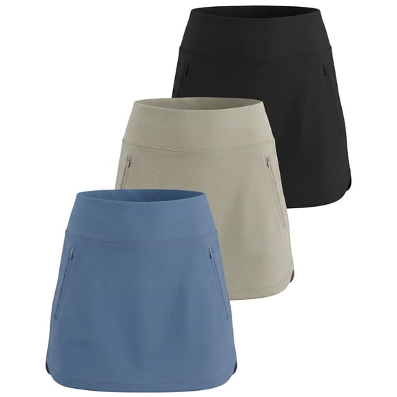 Real Essentials 3 Pack: Women's 16" Curved Hem Golf Skort with Zip Pockets - Ladies Athletic Tennis Pickleball Workout Skirts