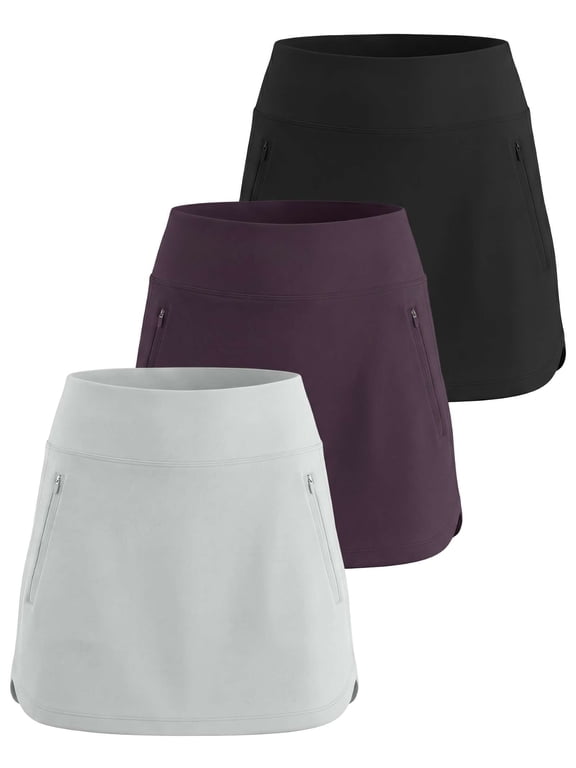 3 Pack: Women's 16" Curved Hem Golf Skort with Zip Pockets - Ladies Athletic Tennis Pickleball Workout Skirts
