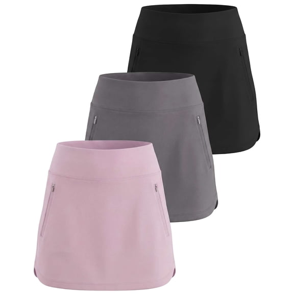 Real Essentials 3 Pack: Women's 16" Curved Hem Golf Skort with Zip Pockets - Ladies Athletic Tennis Pickleball Workout Skirts