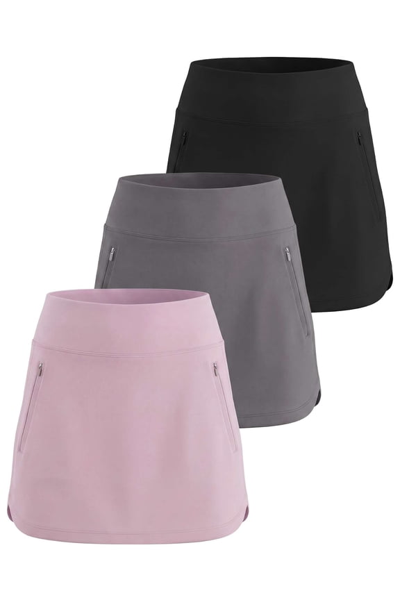 3 Pack: Women's 16" Curved Hem Golf Skort with Zip Pockets - Ladies Athletic Tennis Pickleball Workout Skirts