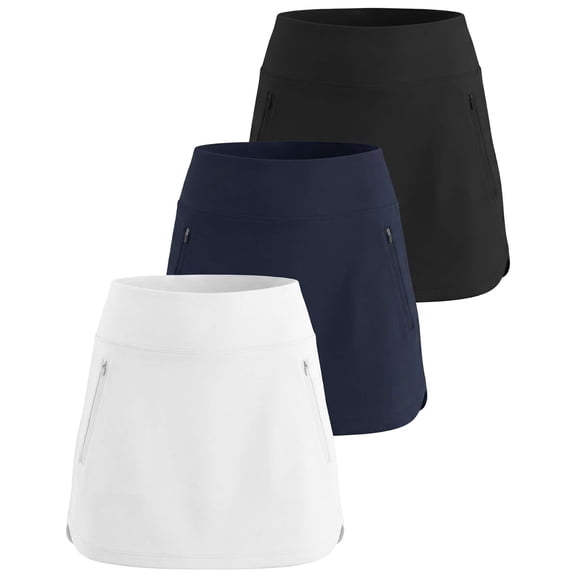 Real Essentials 3 Pack: Women's 16" Curved Hem Golf Skort with Zip Pockets - Ladies Athletic Tennis Pickleball Workout Skirts