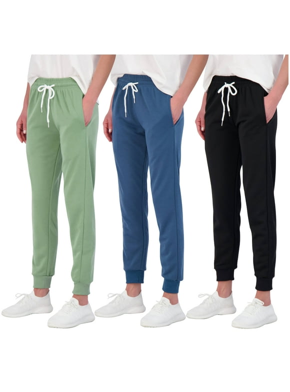 Real Essentials 3 Pack: Women's Cotton French Terry Lounge Joggers - Athletic Sweatpants with Pockets (Available in Plus)