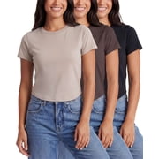Real Essentials 3 Pack Womens Cropped Cap Sleeve T Shirts Cotton Crew Neck Short Sleeve Tees Casual Going Out Summer Tops