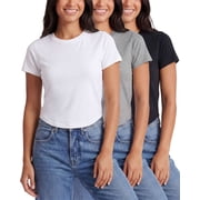 Real Essentials 3 Pack Womens Cropped Cap Sleeve T Shirts Cotton Crew Neck Short Sleeve Tees Casual Going Out Summer Tops