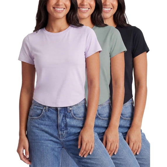 Real Essentials 3 Pack: Women's Cropped Cap Sleeve T Shirts Cotton Crew Neck Short Sleeve Tees Casual Going Out Summer Tops