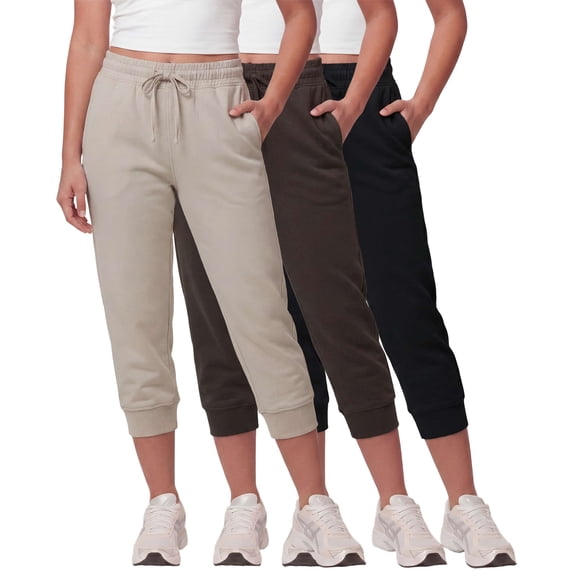 Real Essentials 3 Pack: Women’s Fleece Capri Joggers Athletic Lounge Gym Running Sweatpants with Pockets (Available in Plus)
