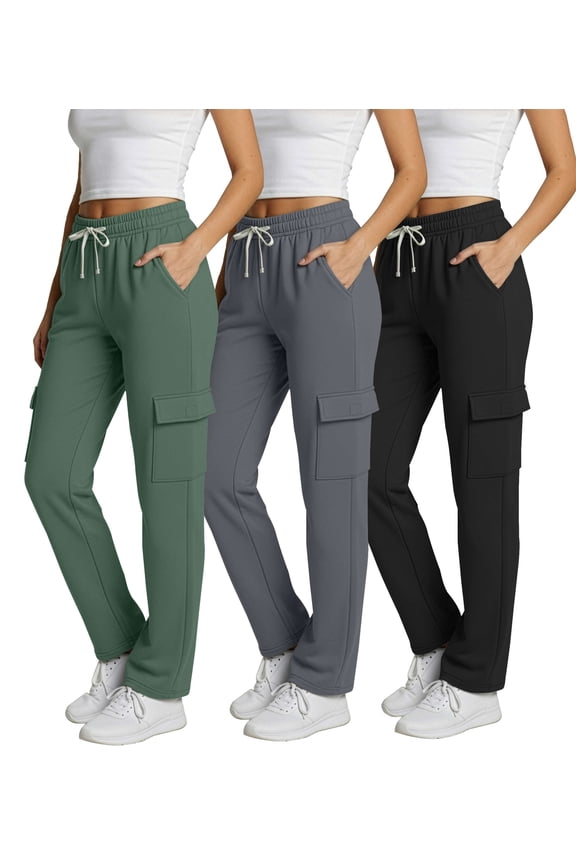3 Pack: Women's Fleece Cargo Sweatpants, Open Bottom Lounge & Athletic Casual Pants with Pockets