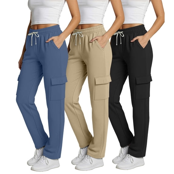 Real Essentials 3 Pack: Women's Fleece Cargo Sweatpants, Open Bottom Lounge & Athletic Casual Pants with Pockets