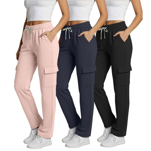 Real Essentials 3 Pack: Women's Fleece Cargo Sweatpants, Open Bottom Lounge & Athletic Casual Pants with Pockets