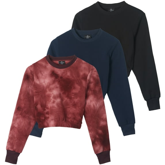 Real Essentials 3 Pack: Women's Fleece Cropped Sweatshirt - Long Sleeve Crew Neck Crop Top (Available in Plus Size)