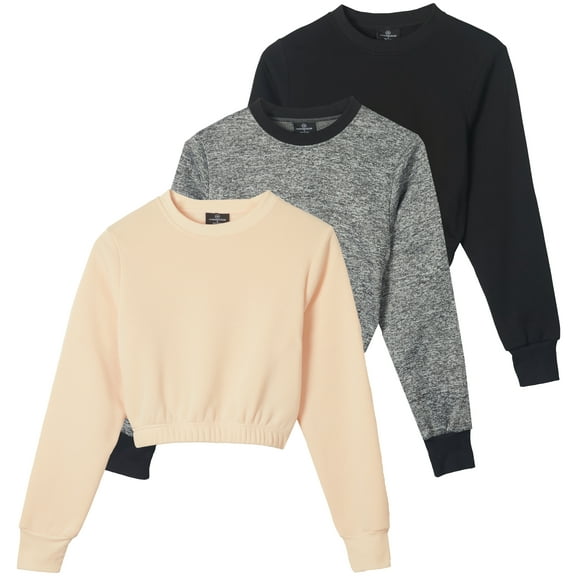 Real Essentials 3 Pack: Women's Fleece Cropped Sweatshirt - Long Sleeve Crew Neck Crop Top (Available in Plus Size)