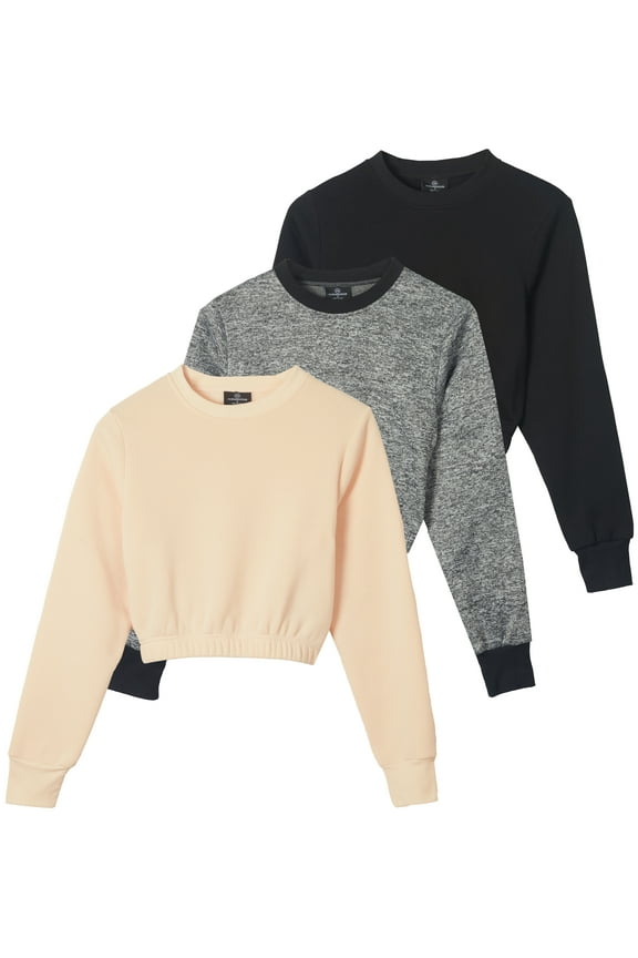3 Pack: Women's Fleece Cropped Sweatshirt - Long Sleeve Crew Neck Crop Top (Available in Plus Size)