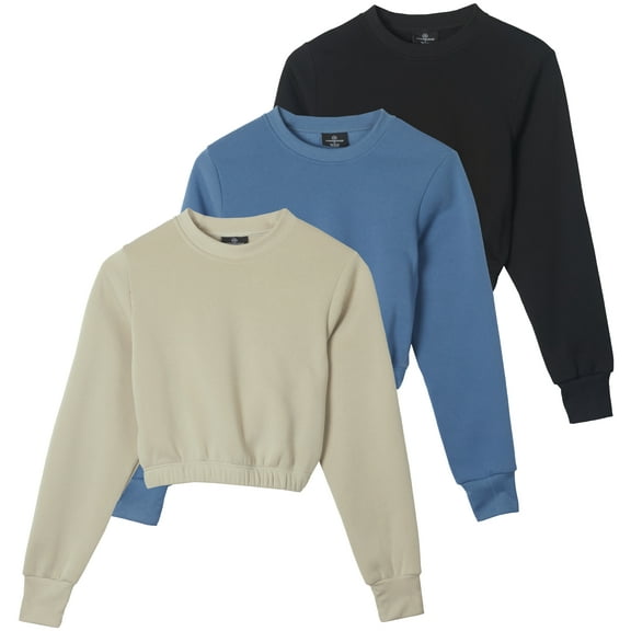 Real Essentials 3 Pack: Women's Fleece Cropped Sweatshirt - Long Sleeve Crew Neck Crop Top (Available in Plus Size)