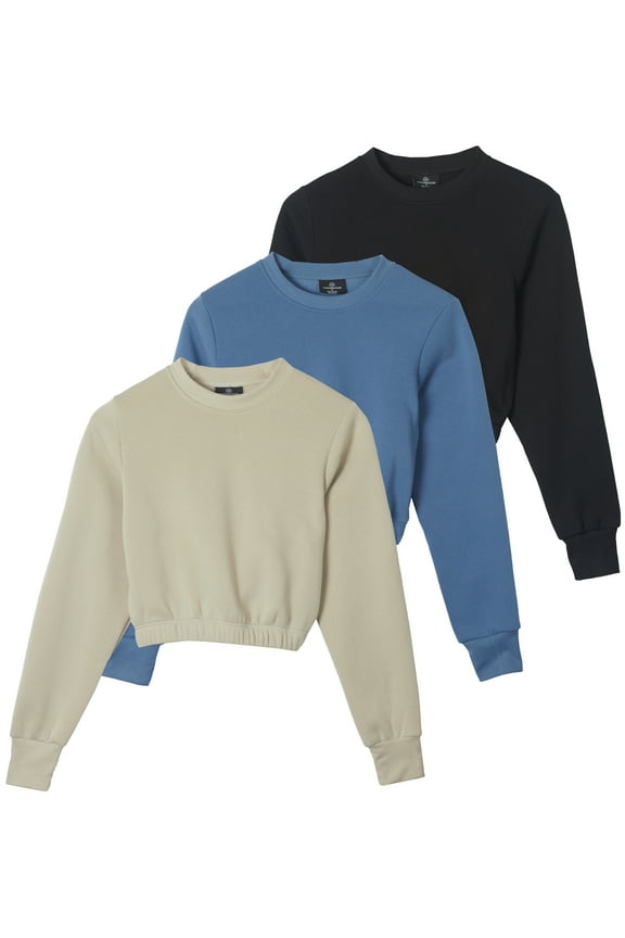 3 Pack: Women's Fleece Cropped Sweatshirt - Long Sleeve Crew Neck Crop Top (Available in Plus Size)