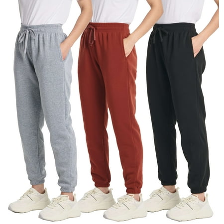 Real Essentials 3 Pack: Women's Fleece Jogger Sweatpants (Available in Plus Size)