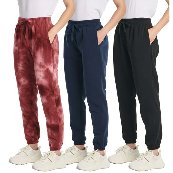 Real Essentials 3 Pack: Women's Fleece Jogger Sweatpants (Available in Plus Size)