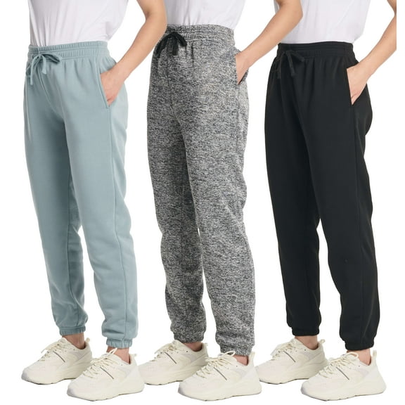 Real Essentials 3 Pack: Women's Fleece Jogger Sweatpants (Available in Plus Size)
