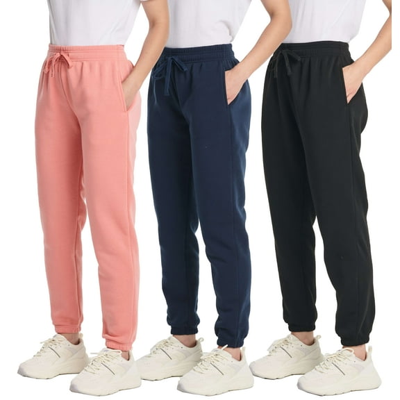 Real Essentials 3 Pack: Women's Fleece Jogger Sweatpants (Available in Plus Size)