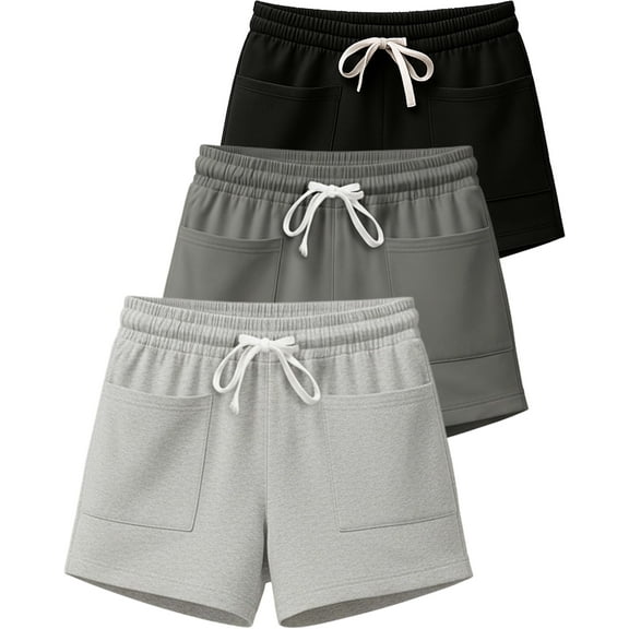 Real Essentials 3 Pack: Women's French Terry Square Pocket Shorts Lounge, Casual Shorts with Pockets (Available in Plus)