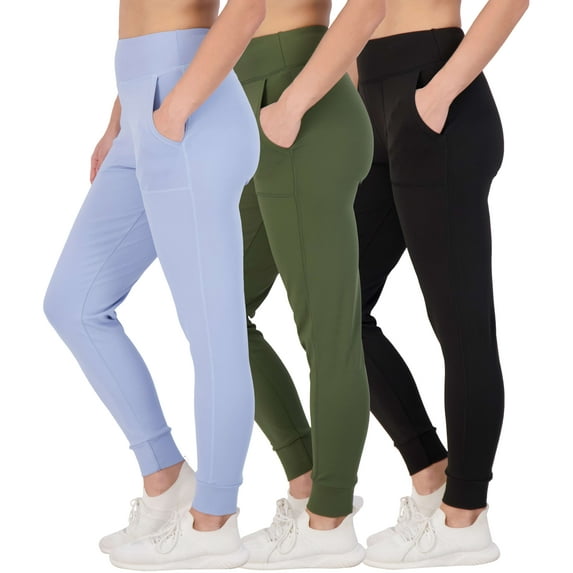 Real Essentials 3 Pack: Women's Joggers with Pockets - High Waist Workout Yoga Tapered Sweatpants Lounge (Available in Plus)